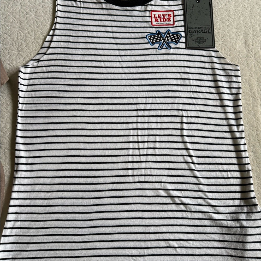 NWT Harley-Davidson Black and White Striped sleeveless T with Patches
